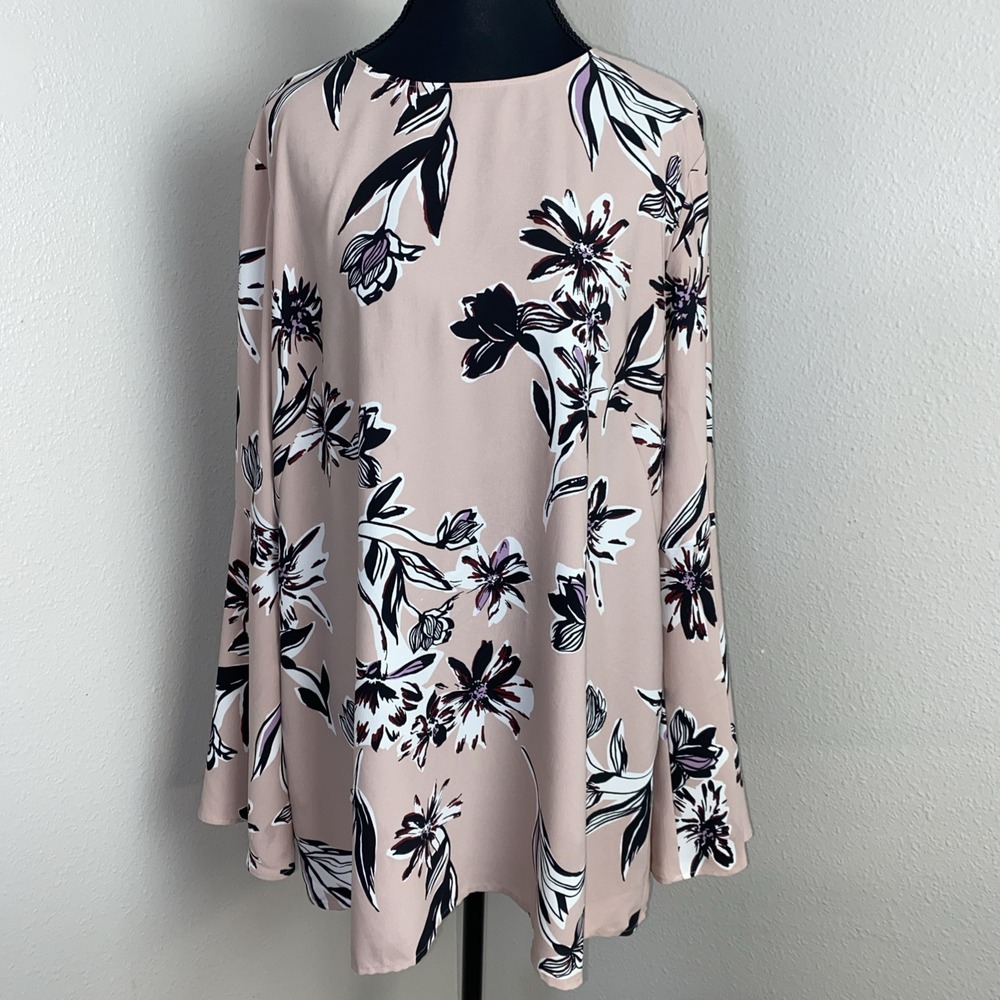 Halogen Top Women's Size 1X Black Pale Pink‎ Floral Bloomcore Sheer Tie Back